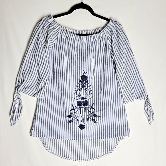 JJ’s Fairyland Women's Off Shoulder Blouse Striped Floral Embroider Size Medium - Picture 2 of 10